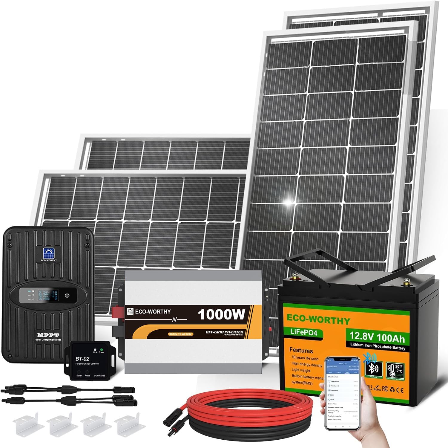 Lithium Battery 100Ah - ECO-WORTHY 1.6KWH Complete Solar Panel Kit